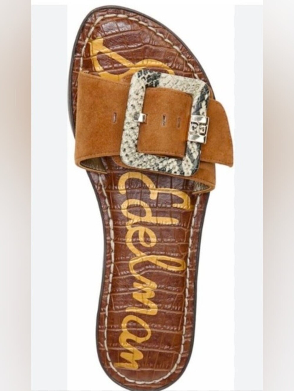 Sam Edelman Gaige Tan Suede Slide Sandal with Snakeskin Buckle Size 7.5
